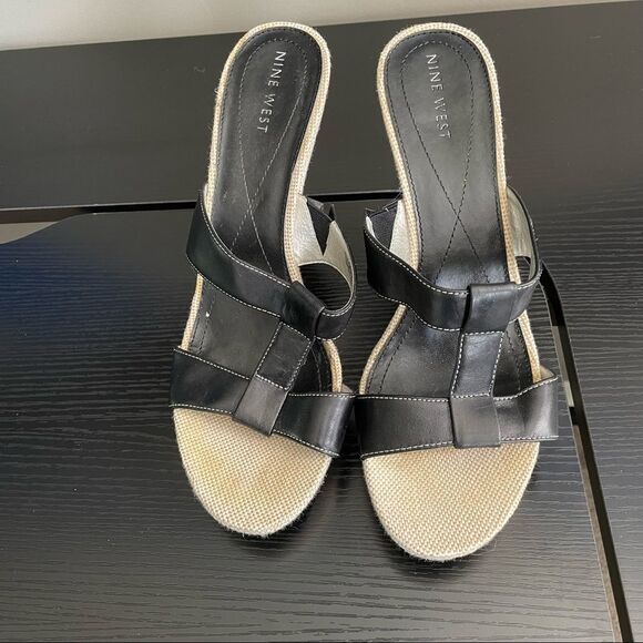 Nine West WNCOBALT Vintage Linen and Leather Upper Slide On Heeled Sandal, 10 - Picture 7 of 16